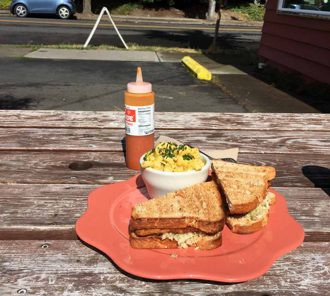 Tempeh sandwich and vegan pasta, Portland