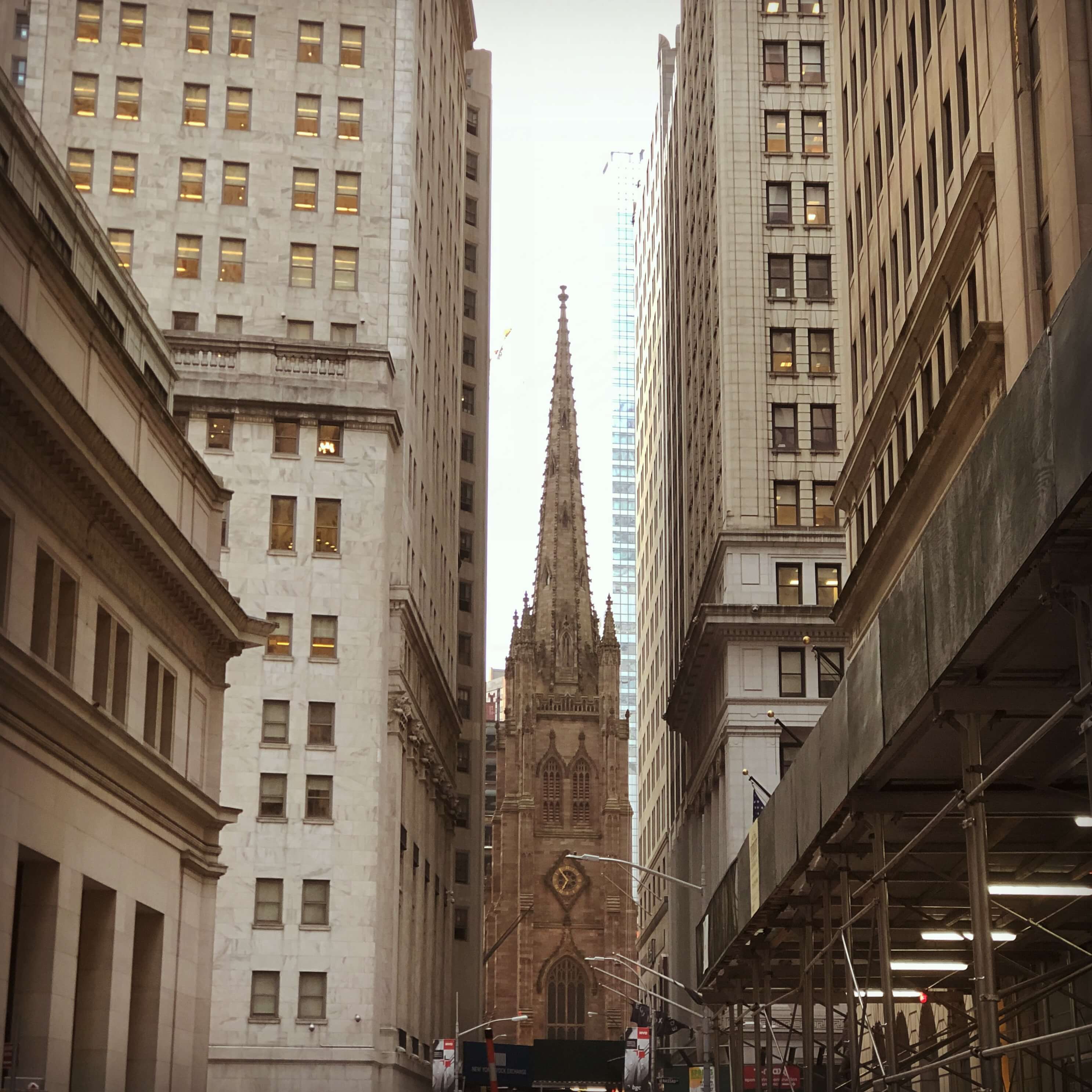 Trinity Church as seen from near the Stock Exchange in Wall StreetTrinity Church as seen from near the Stock Exchange in Wall Street