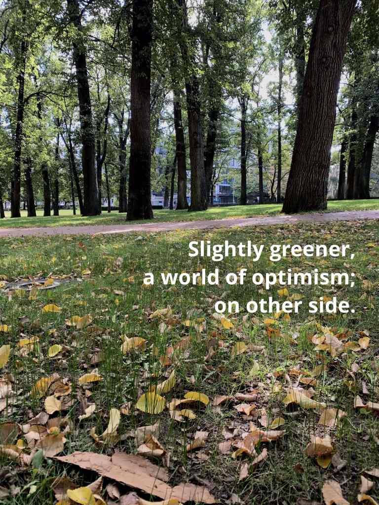 Image of fallen autumn leaves on a green lawn with a path going through it and more green lawn on the other side. Text on the image reads: Slightly greener, a world of optimism; on other side.