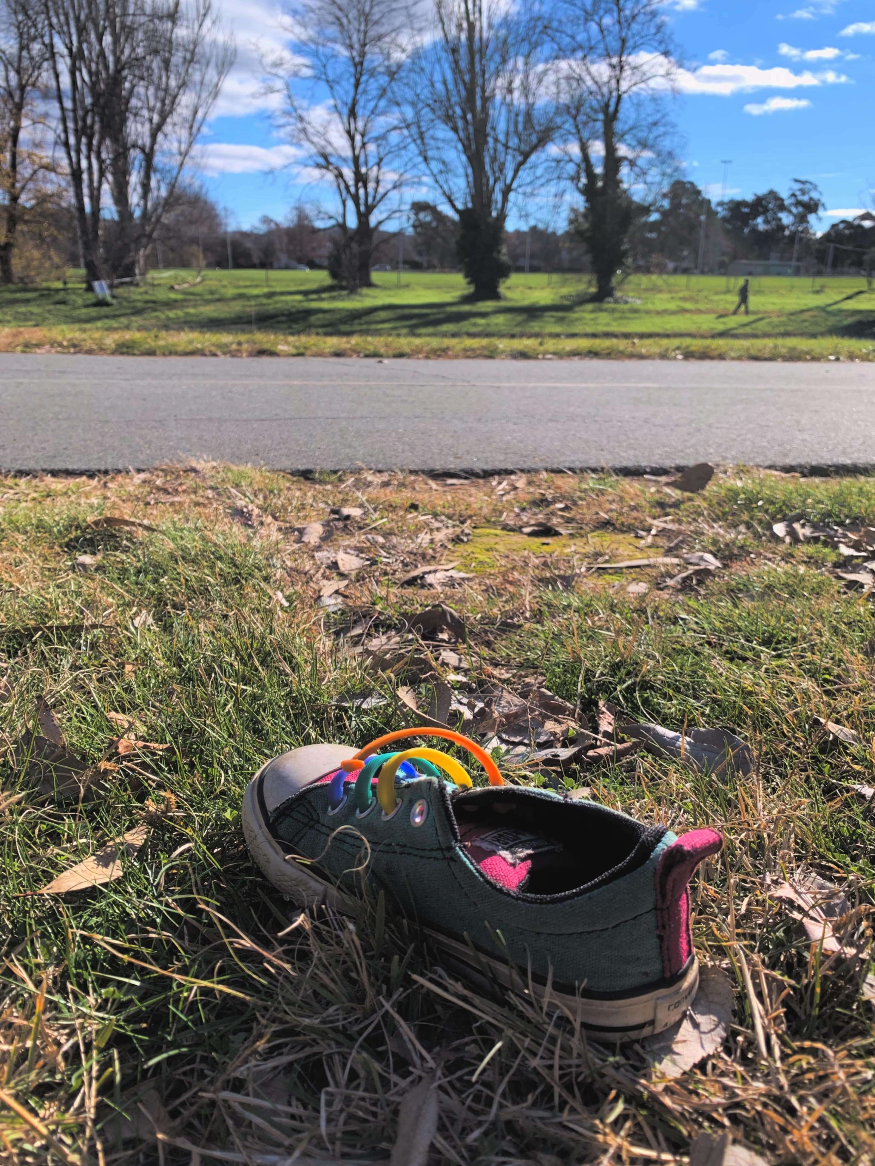 photo of a baby shoe on the side of a bike path