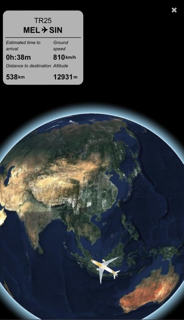 Screenshot of the flight route map on an international flight from Melbourne to Singapore. 