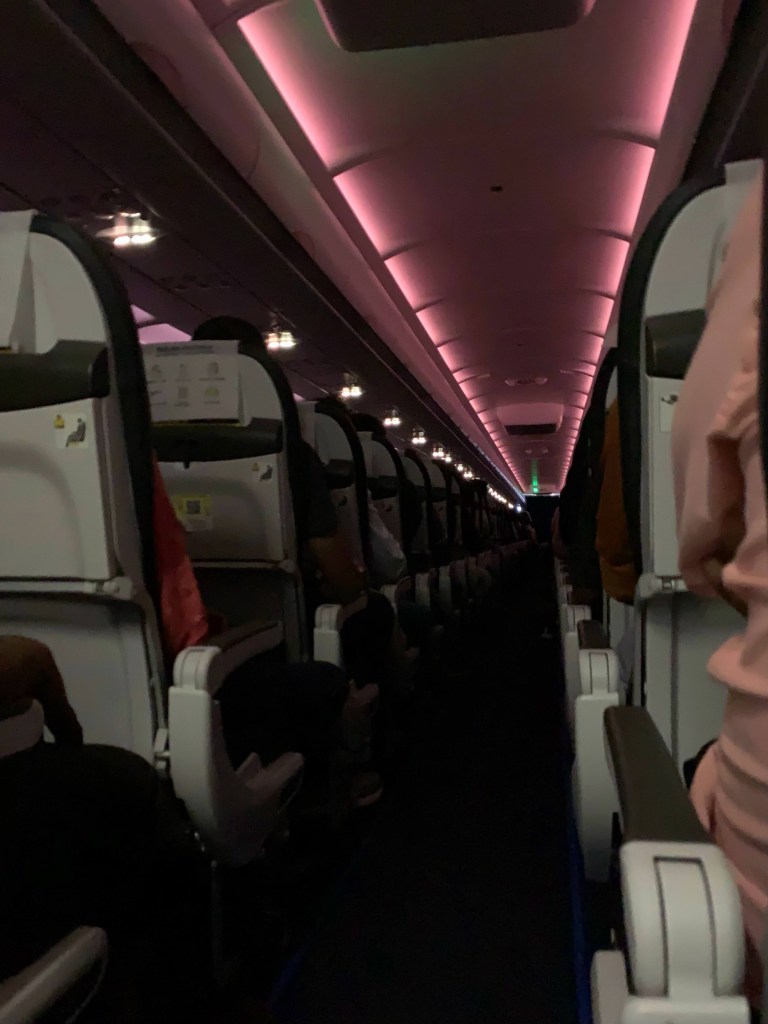 Photo of the aisle of an airplane with only the night lights on. 
