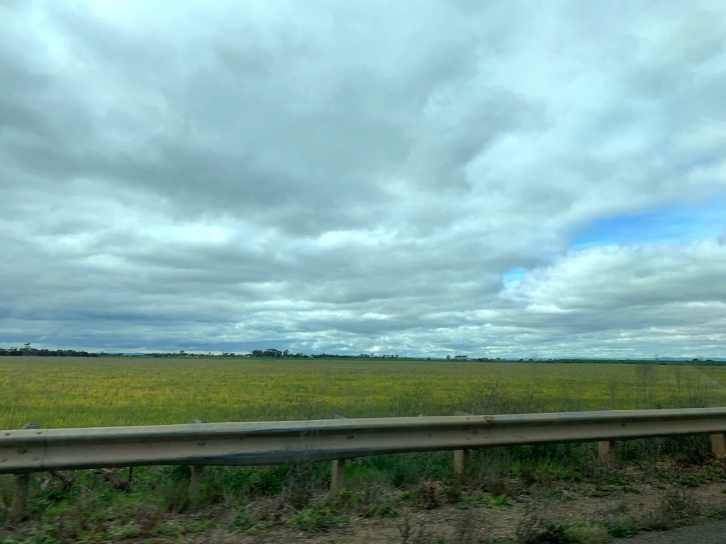 Photo of a luscious green valley, and the sky covered in clouds. 