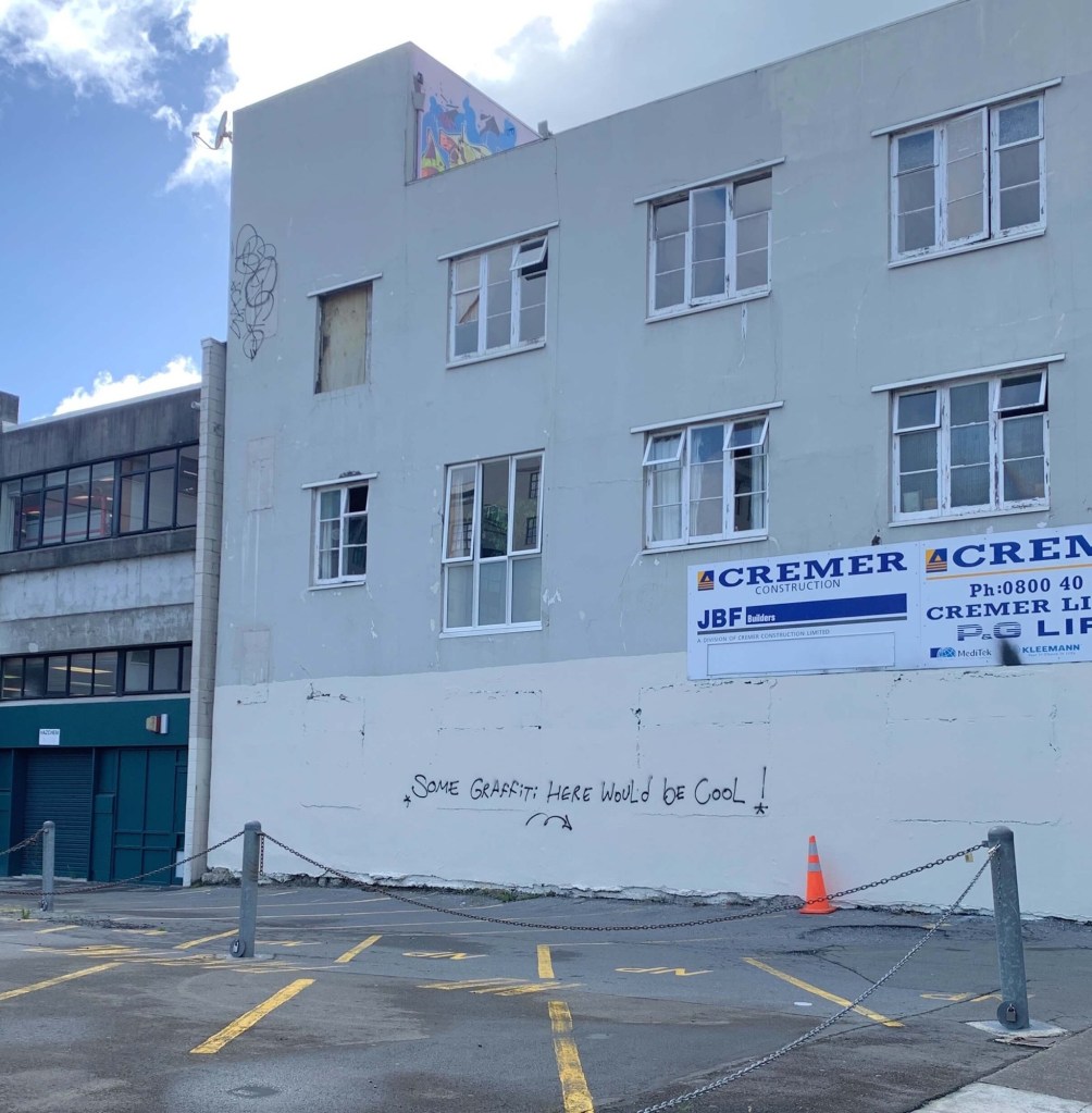 Photo of a wall in an alleyway in Wellington, New Zealand, with the words, “Some graffiti here would be cool!” graffitied on it. 