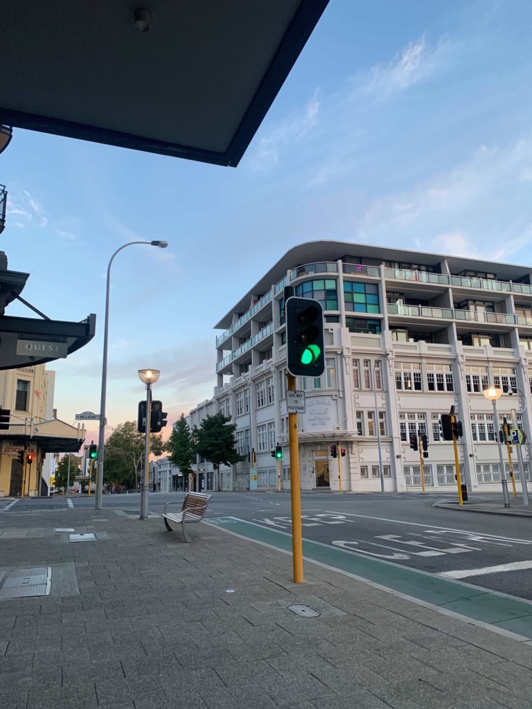 Photo of the Perth CBD at sunrise, empty of people. 