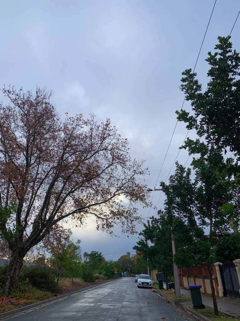 Photo of a grey and cloudy sky with the sun mildly filtering through. 