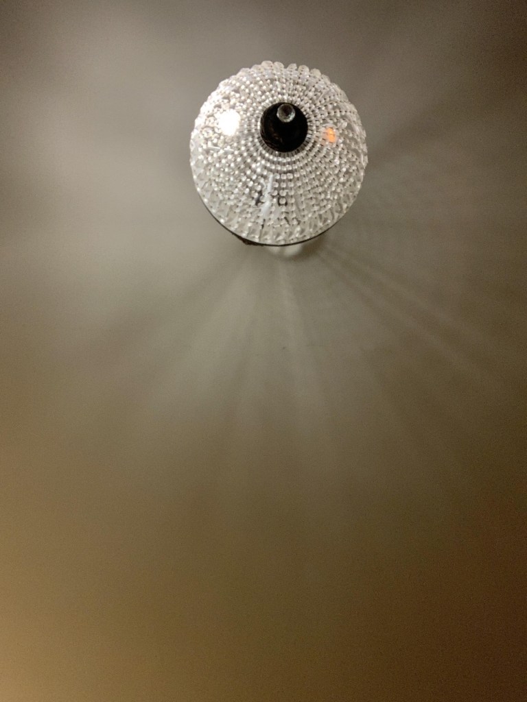 Photo of a chandelier style ceiling light, casting its shadows on the ceiling. 