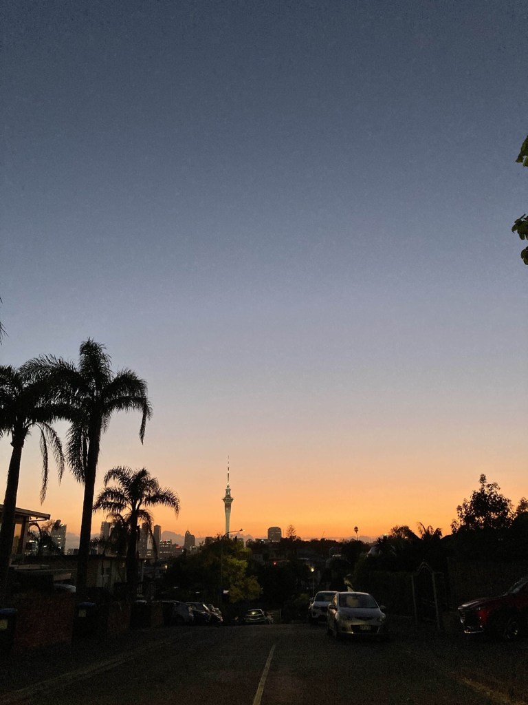 Photo of the sun rising behind the Skycity tower in Auckland, as seen from the suburbs. 