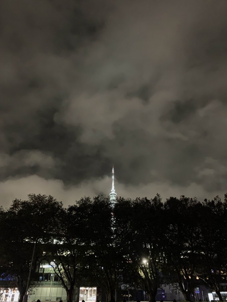 Photo of the top of Sky Tower with a row of green trees in front of it and white wispy clouds in the background. 