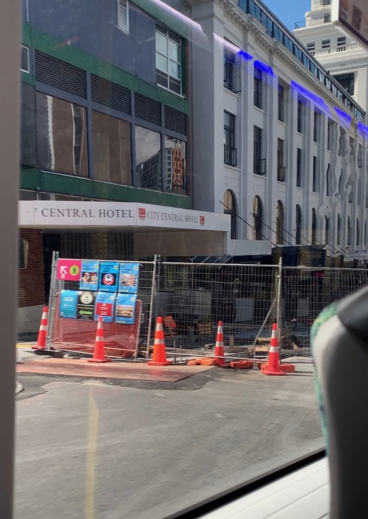 photo of a line of traffic cones by the road side in Auckland city