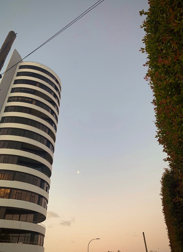 Photo of a tall residential building and the moon next to it. The angle of the photo makes it look like the building is higher than the moon. 