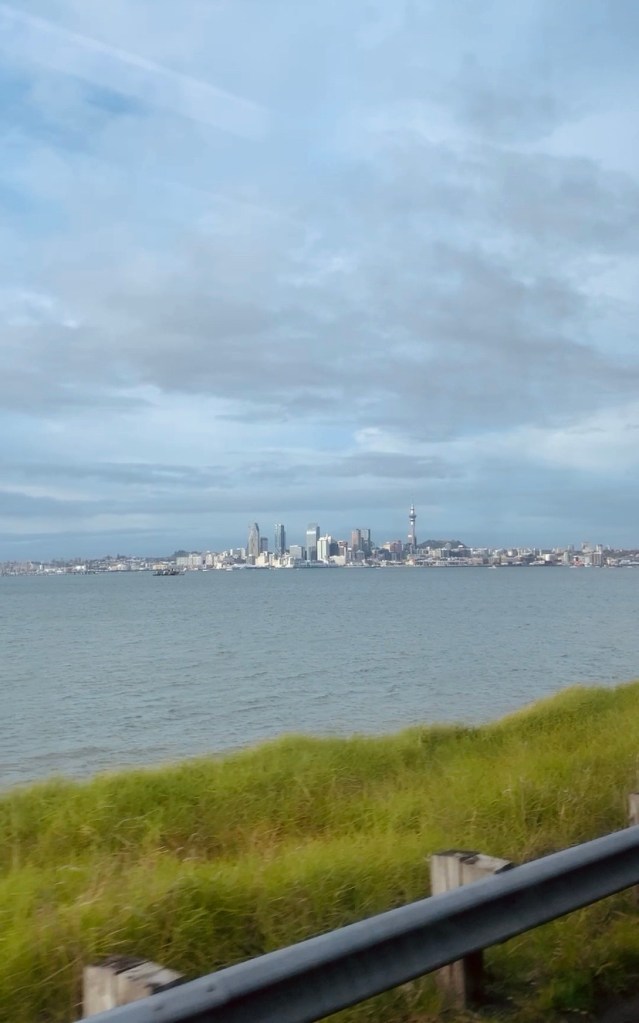 Photo of the city of Auckland, as seen from a bus on the bridge. 