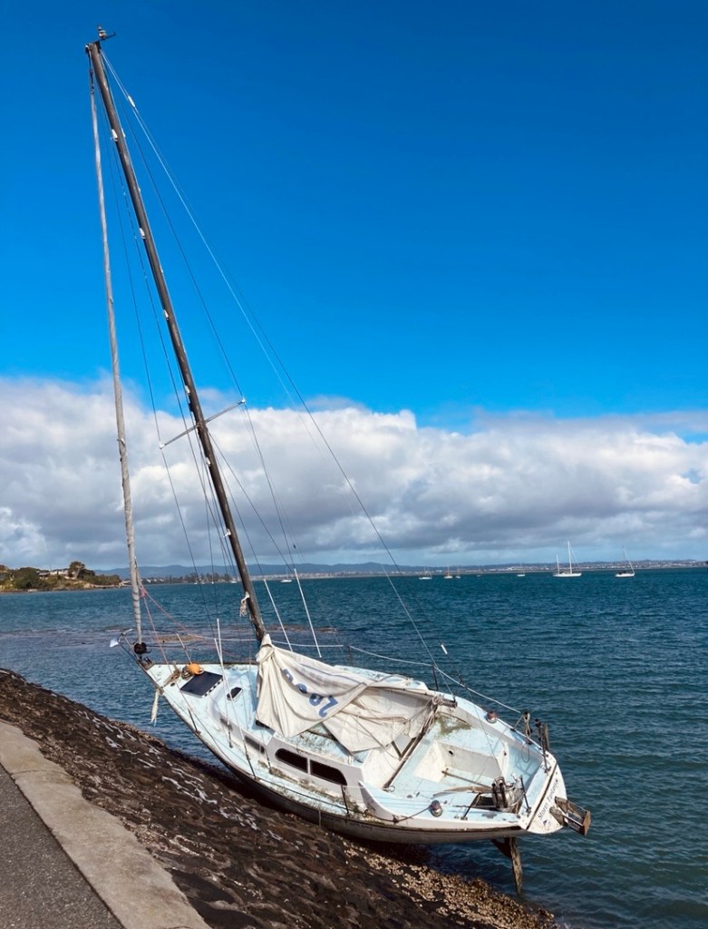 Photo of a yacht jammed into the rocks by the ocean. 