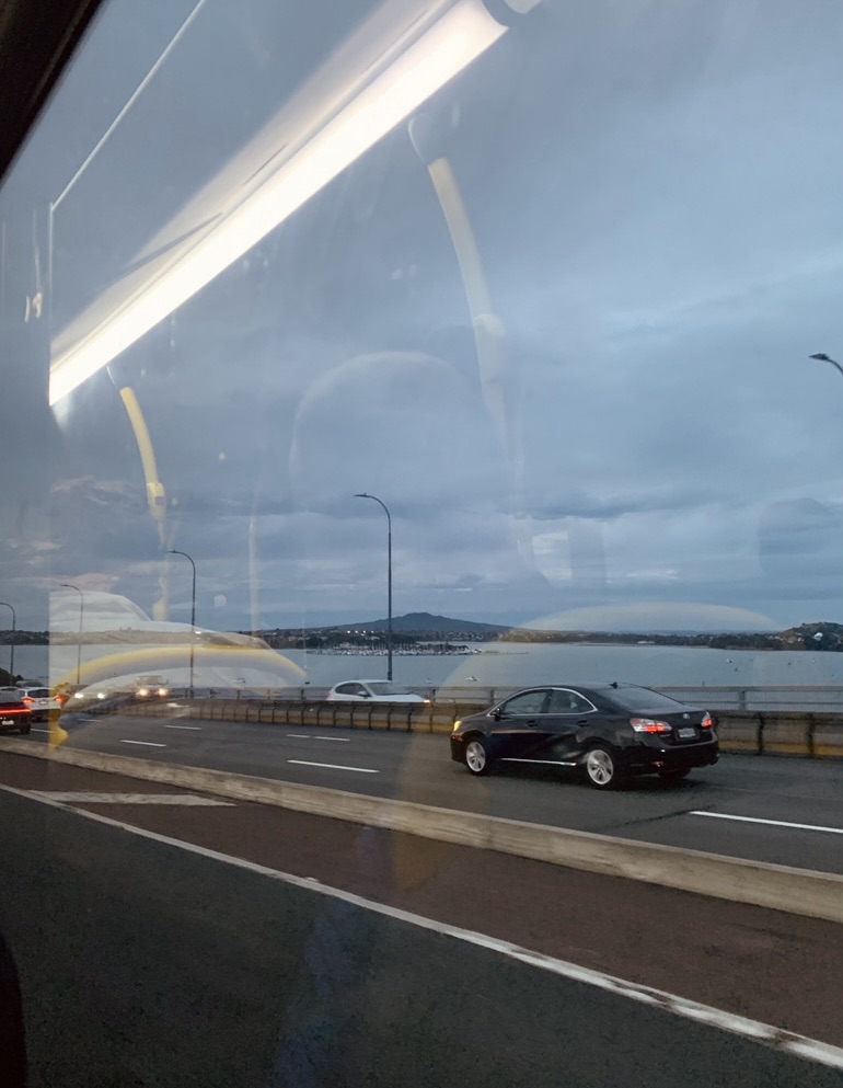 Photo of Rangitoto island as seen from the window of a bus. 
