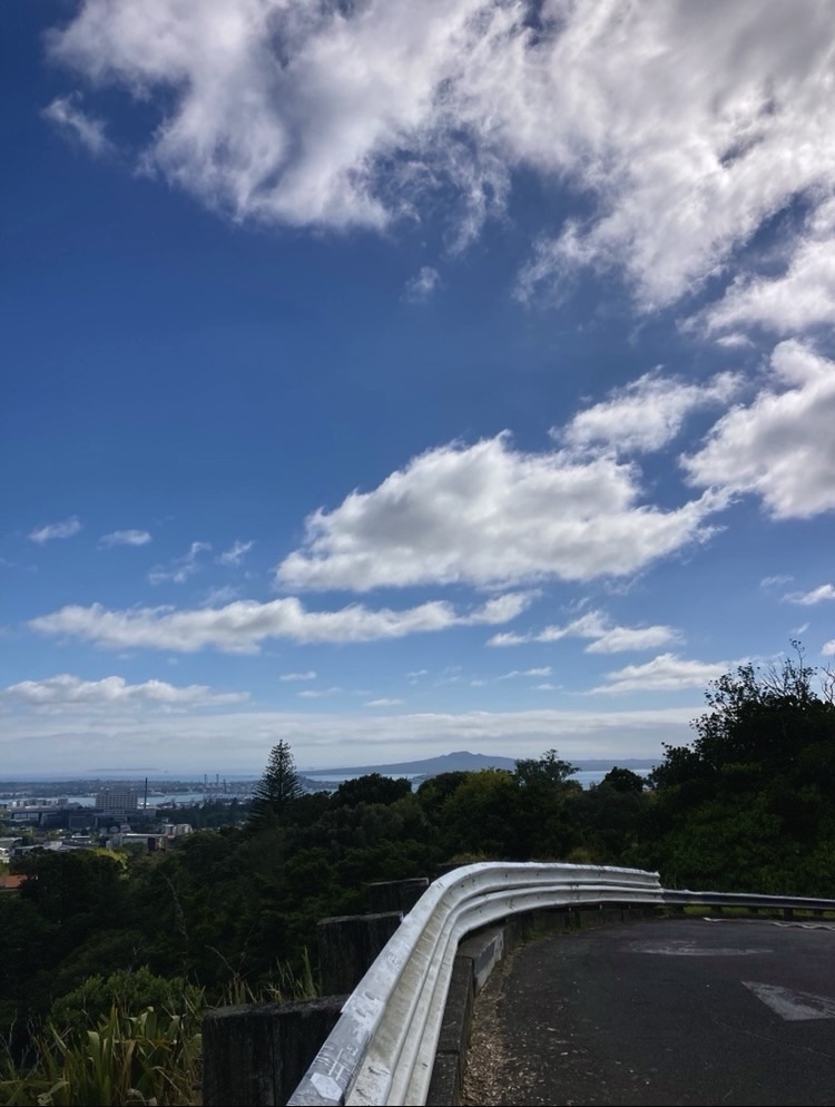 Photo of Rangitoto Island as seen from an Auckland street. 