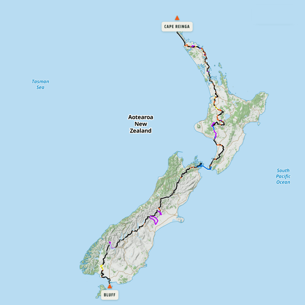 Map of Aotearoa New Zealand with the Te Araroa trail running through it